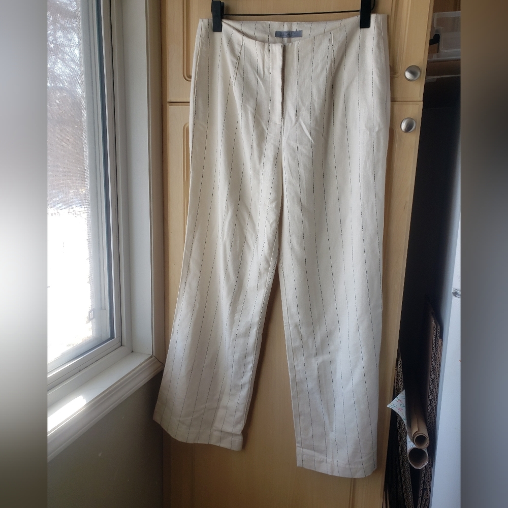 Women's Linen Blend Cream High Waisted Pinstripe Wide Leg Trousers Size 12